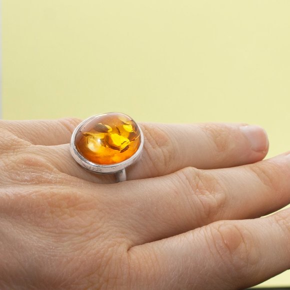 Baltic Amber Ring, Resizable Oval Shape 925 Sterling Silver Ring, Amber Gemstone - Picture 1 of 7